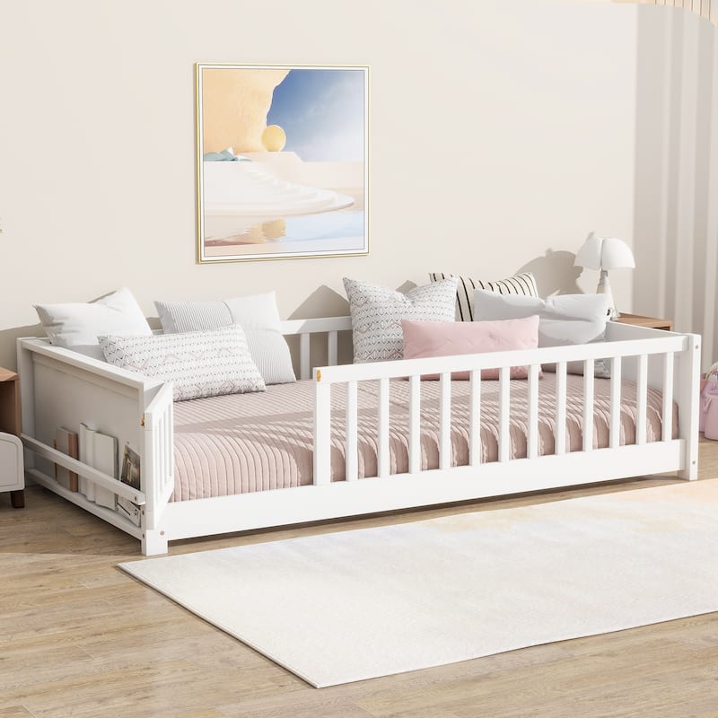 Twin Floor Bed with Built-in Bookcase and Safety Door Rubber Wood Low Profile