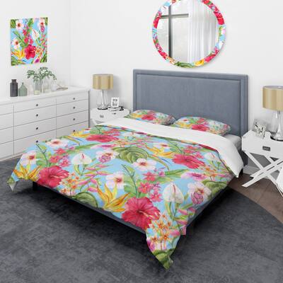 Designart 'Green Tropical Leaf and Flower' Cabin & Lodge Duvet Cover Set