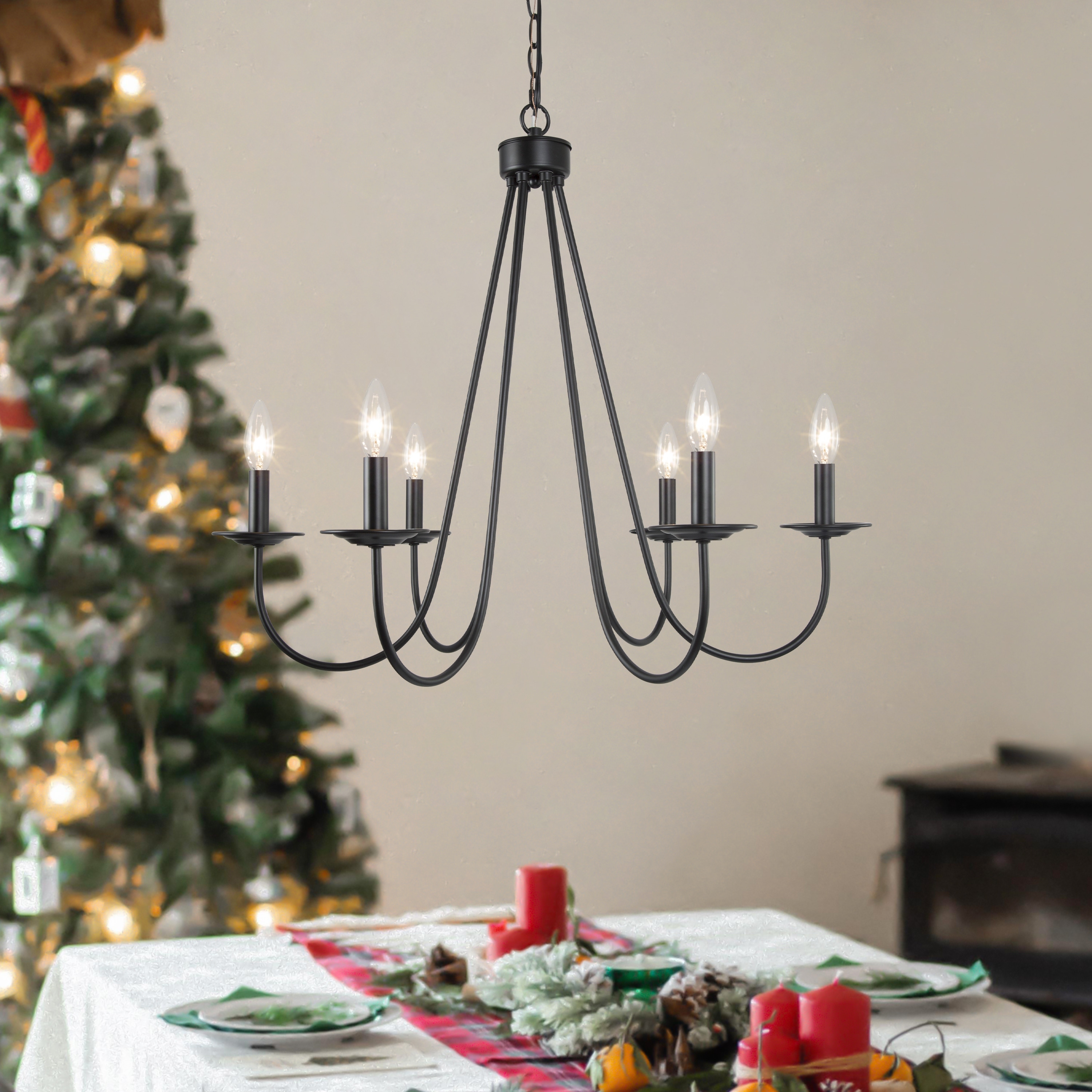 Modern Farmhouse Black Classic Candle Unique Chandelier with Adjustable Swing Arms for Dining Room - D28" x H84.5"