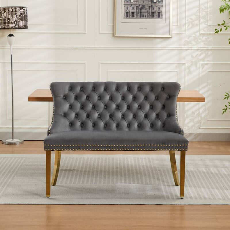 Roomfitters Upholstered Loveseat Bench with Nailhead Trim and Gold Legs, Modern High Back Settee for Dining Room
