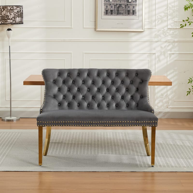 Velvet Double Dining Loveseat Bench, 2-Seat Tufted Bench w/Handmade Buttons, Wing Back, Gold-Plated Steel Legs,Single Pack