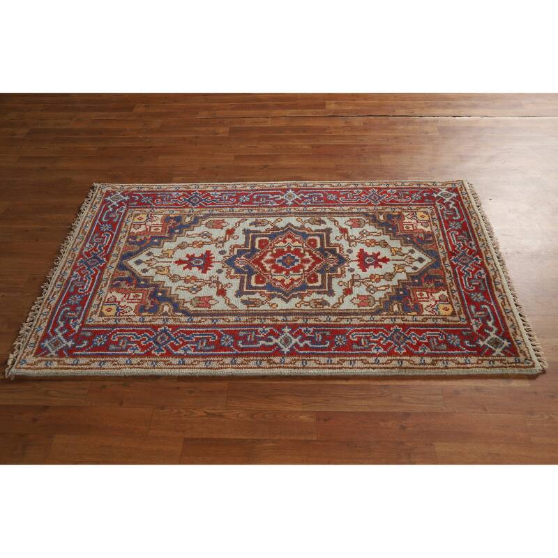 Hand Knotted Oriental 100% Wool Carpet Traditional Medallion Navy Blue & Blues Heriz (serapi) Area Rug - 5' 1'' X 3' 1''