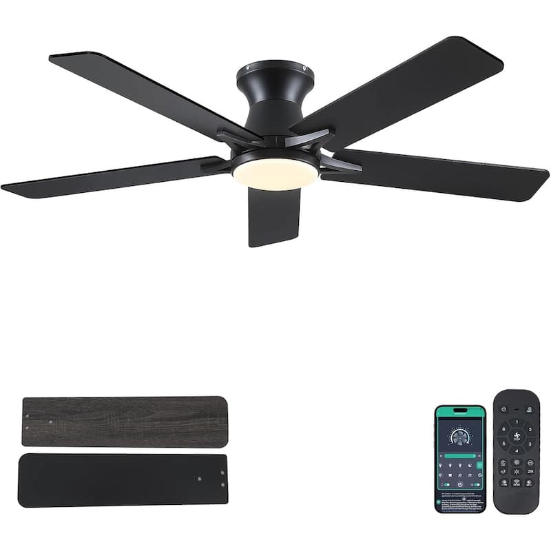 46"/52" Inches Flush Mount Modern Quiet Ceiling Fan with Light and Remote,5 Blades,for Living room,Bedroom - Black-52"