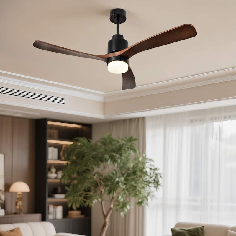 Matte Black 52 in. Integrated LED Indoor 3-Blade Ceiling Fan with Wood Blades, 6-Speed Remote Control