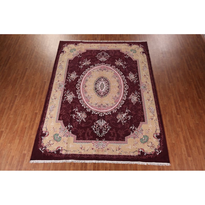 Victorian Style Burgundy Tabriz Area Rug Machine Made Carpet - 9'9" x 12'9"