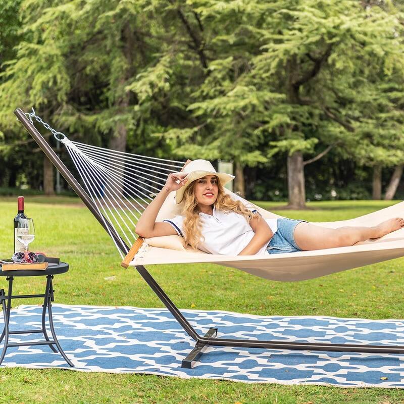 Outdoor Cotton Rope Hammock with 12FT Steel Stand