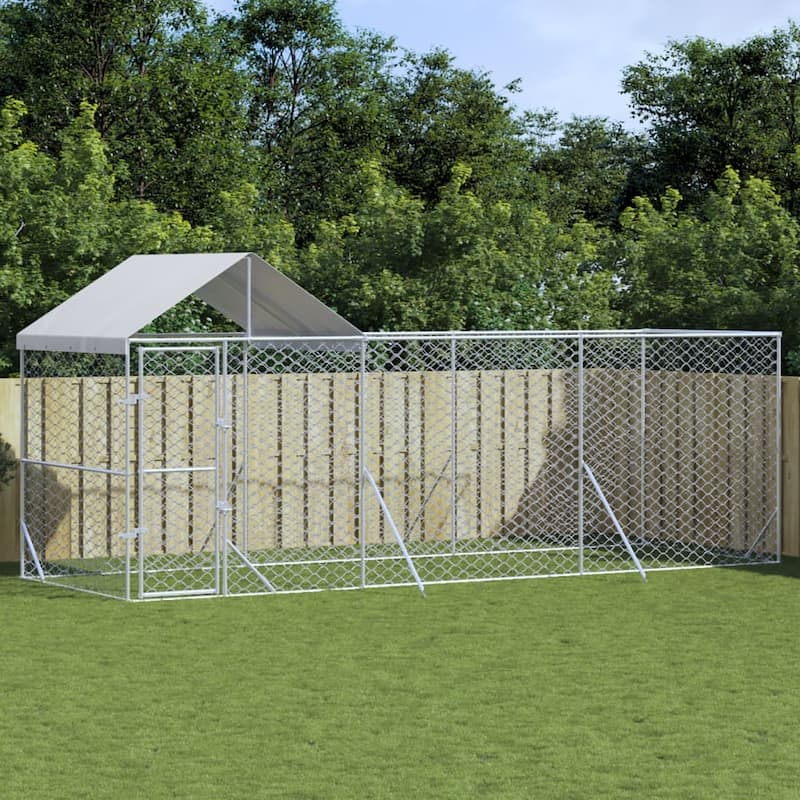vidaXL Outdoor Dog Kennel with Roof Silver Galvanized Steel