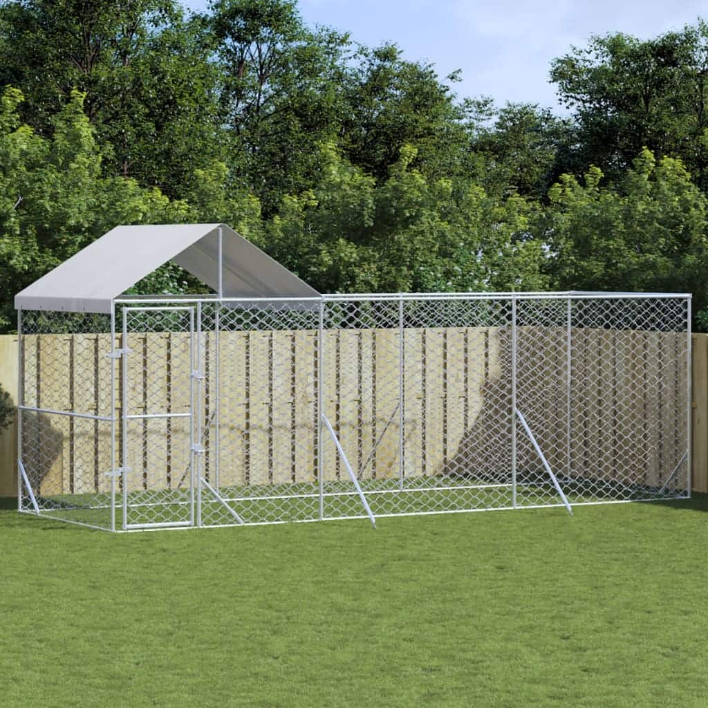 vidaXL Outdoor Dog Kennel with Roof Silver Galvanized Steel