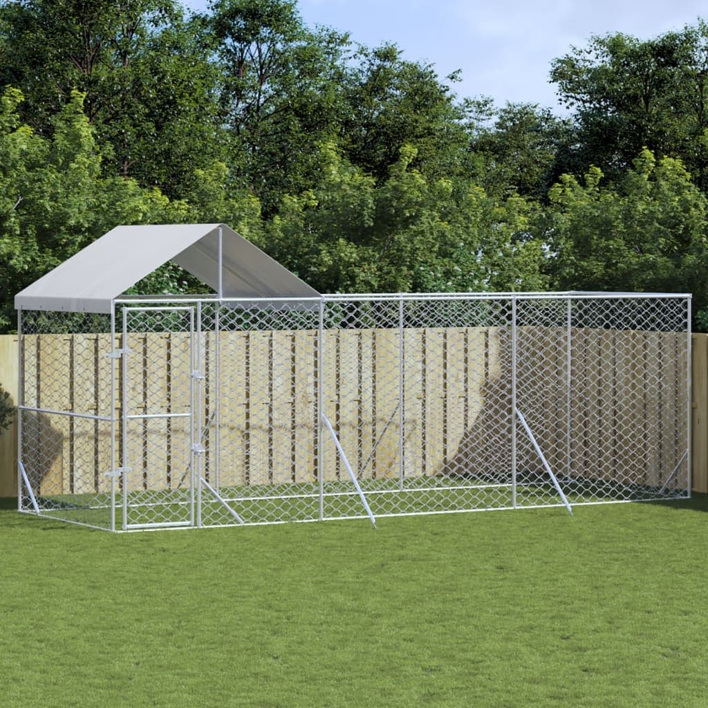 vidaXL Outdoor Dog Kennel with Roof Silver Galvanized Steel