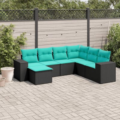vidaXL 7 Piece Patio Sofa Set with Cushions Black Poly Rattan