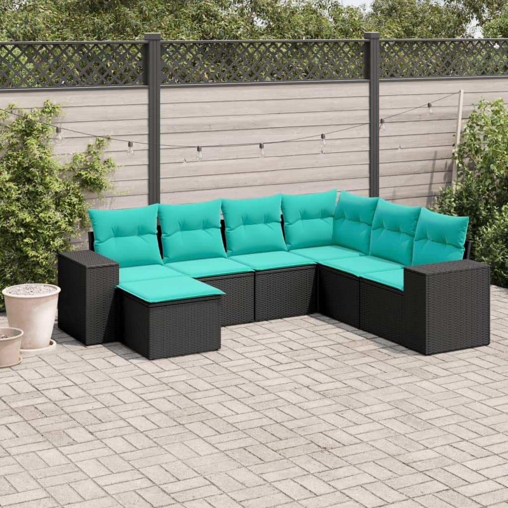 vidaXL 7 Piece Patio Sofa Set with Cushions Black Poly Rattan
