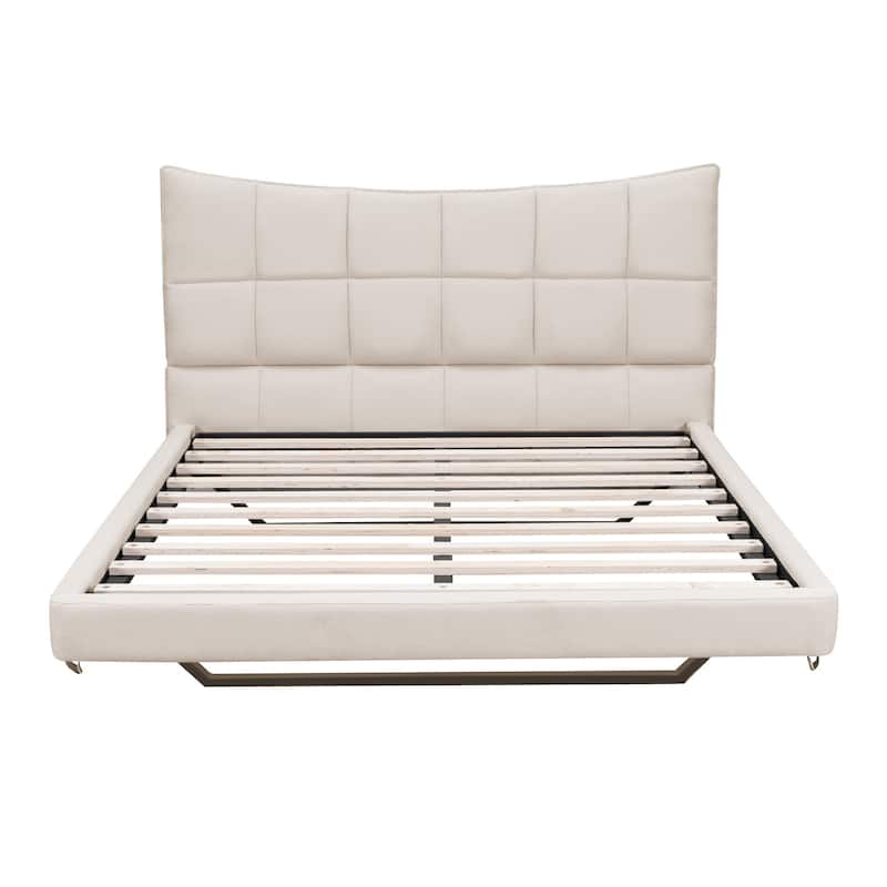 HomeRoots Beige Tufted Upholstered Full Bed Frame With LED Lighting And USB