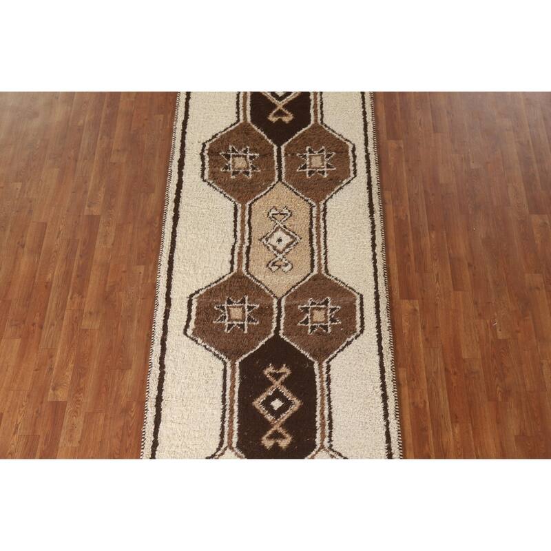 Anatolian Beige Tribal Turkish Runner Rug Handmade Wool Carpet - 3'7"x 10'4"