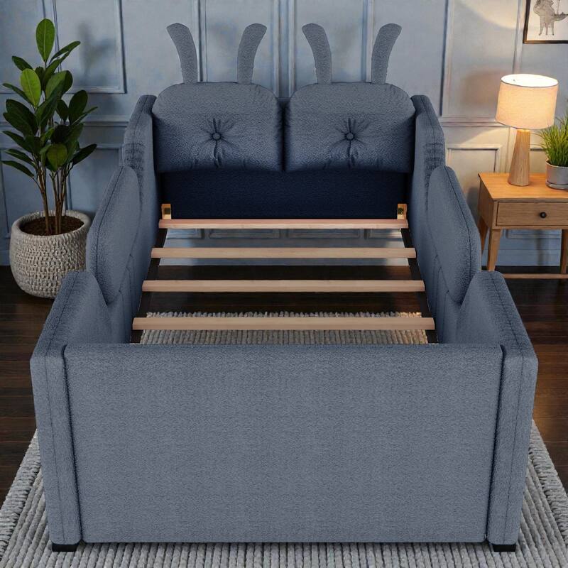 Twin Size Upholstered Floor Bed for Kids with Removable Side Rails, Soft Teddy Fabric Platform Bed