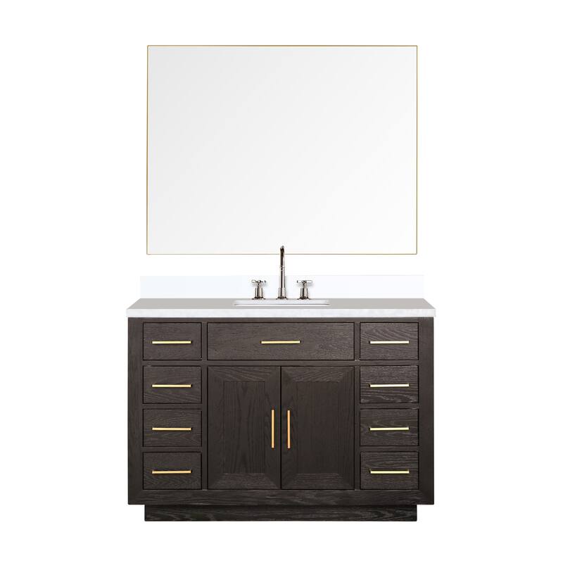 Abbey 48 in W x 22 in D Black Oak Single Bath Vanity, White Quartz Top, Faucet Set, and 46 in Mirror