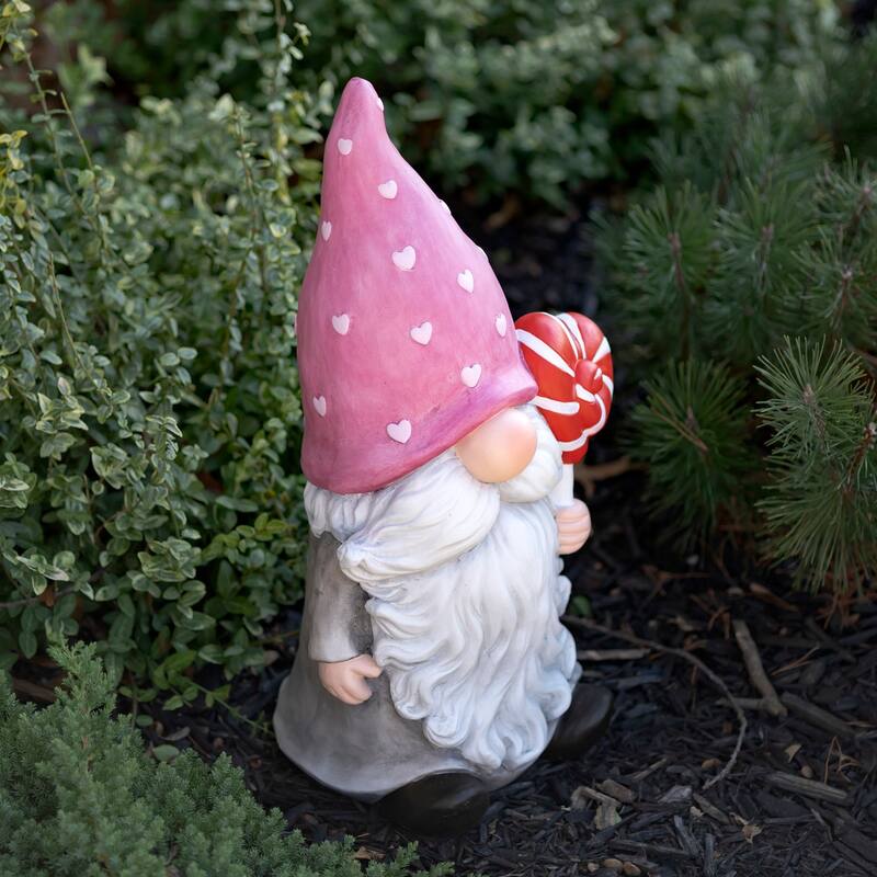 Magnesium Garden Gnome Holding Lollipop Heart with Pink Hat