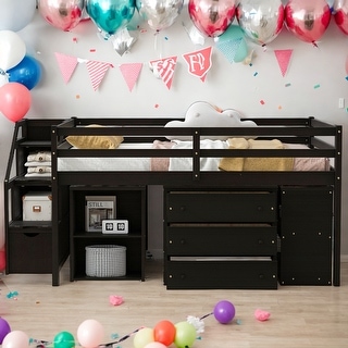 Modern Full Size Loft Bed With Retractable Writing Desk,3 Drawers,Storage Stairs and Shelves