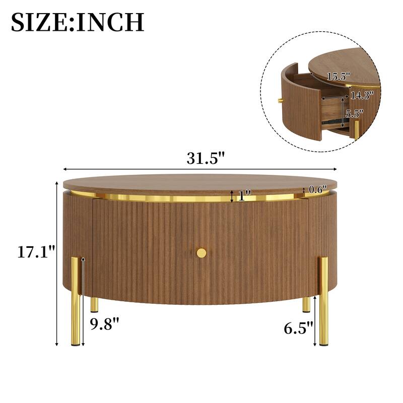 Modern Round Coffee Table with 2 Large Drawers, Marble Pattern MDF Top and Gold Metal Legs