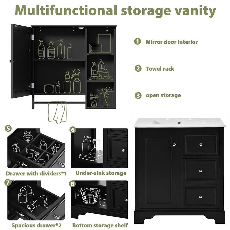 30'' Bathroom Vanity with Top Sink, Freestanding Vanity Set with Mirror Cabinet