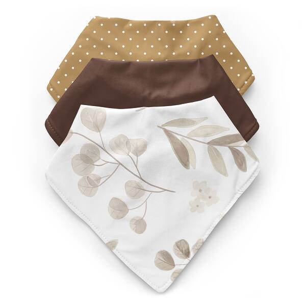 slide 2 of 6, Floral Leaf Bandana Baby Bibs 3 Pack Set Ivory Taupe and White Gender Neutral Boho Bohemian Watercolor Botanical Flower Woodland