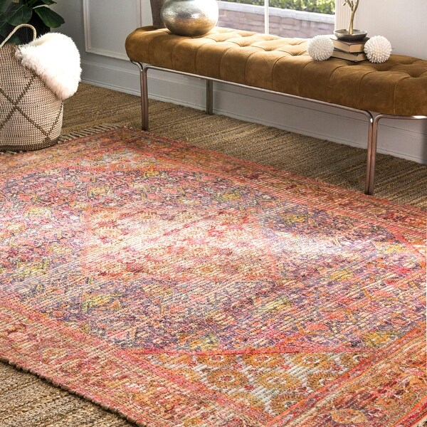 nuLOOM Orange Handmade Traditional Boho Maya Medallion Distressed Border Tassel Area Rug. Opens flyout.