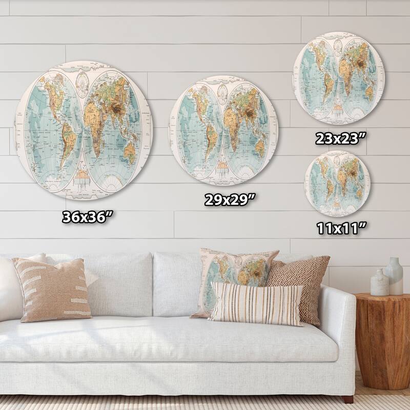 Designart 'Ancient Map of The World II' Rustic Metal Circle Wall Art ...