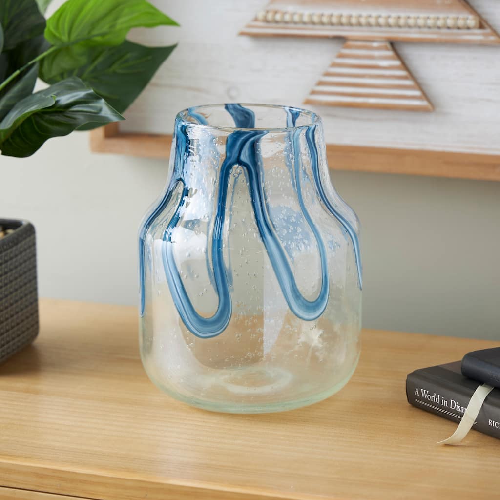 Cream Glass Abstract Vase with Wavy Blue Design