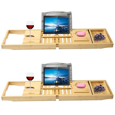 (2 Set) Vaiyer Bamboo Bathtub Tray, Caddy Wooden Bath & Bed Tray Organizer Tray Tablet Holder Cellphone Tray Wine Glass Holder