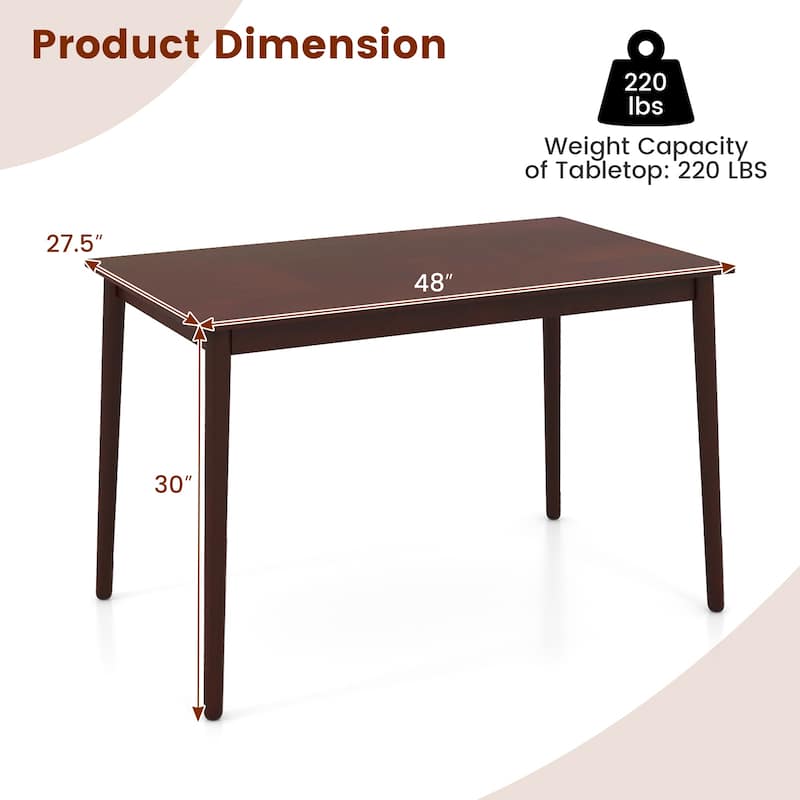 48 Inch Brown Rectangular Dining Room Table with Sturdy Rubber Wood Legs for Family Meals - 48" x 27.5" x 30" (L x W x H)