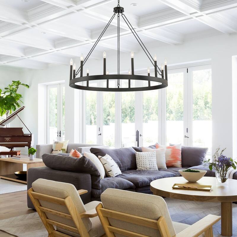 Update 12-light 40In Modern Farmhouse Wagon Wheel Chandelier - N/A