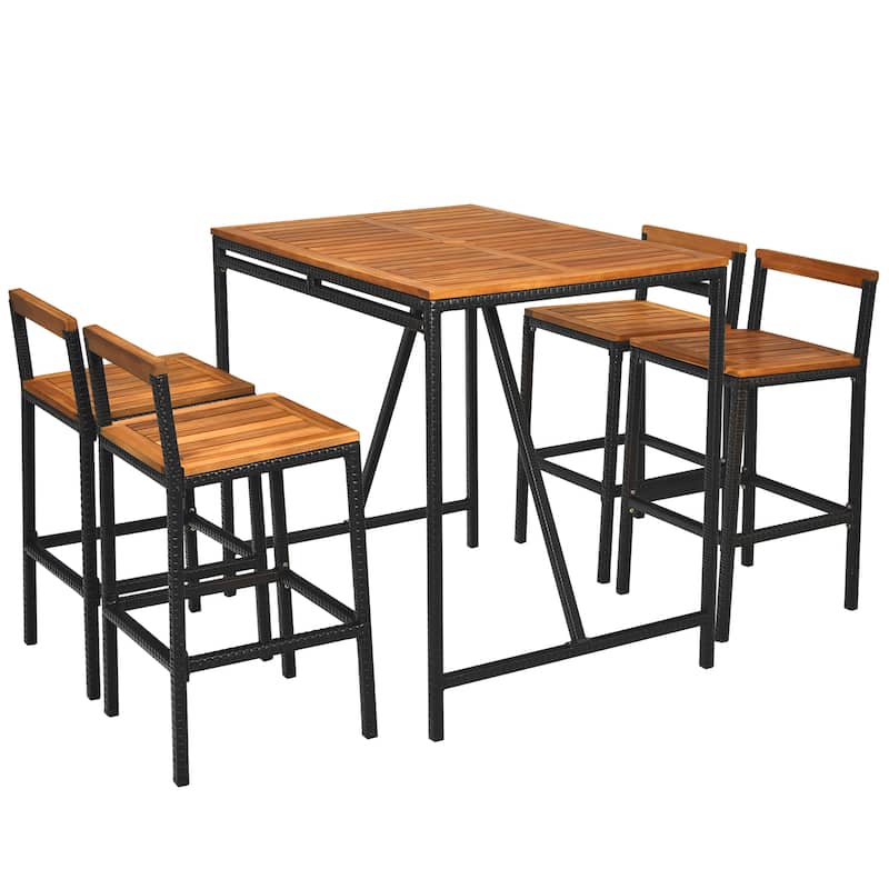 5 Piece Outdoor Acacia Wood Bar Table Set Bar Height Dining Set - Brown