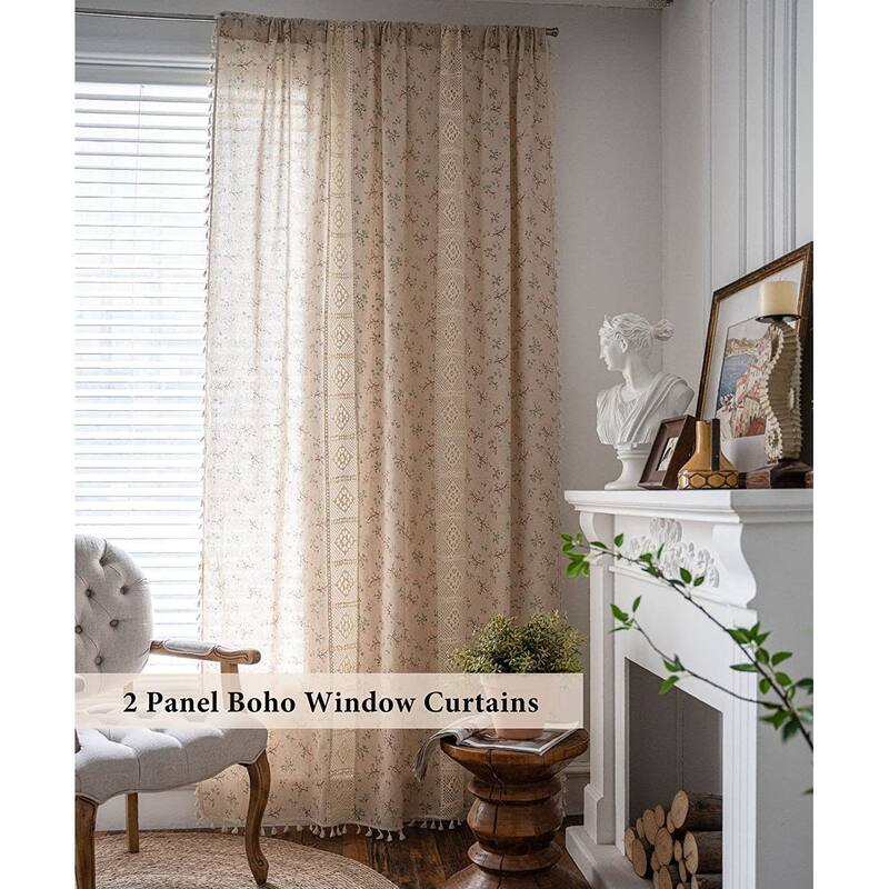 Boho Curtains, 63 inch Length 2 Panels Set Cotton Linen Semi Blackout Farmhouse Window Curtains with Tassel & Rod Pocket