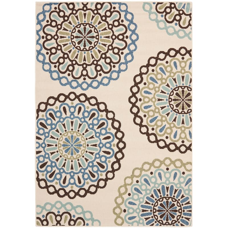 SAFAVIEH Veranda Felizitas Geometric Medallion Indoor/Outdoor Area Rug - Cream/Blue - 5'3" x 7'7"