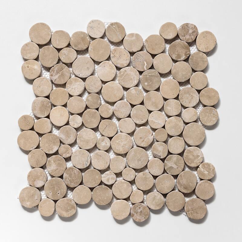 Penny Rounds 11 in. x 11 in. Honed Marble Mesh-Mounted Mosaic Wall and Floor Tile - Tan- 11 in. x 11 in.