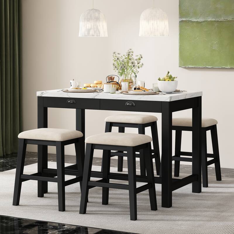 Modern Faux Marble Bar Table Set with Storage & Stools - 5-Piece Sets - Black