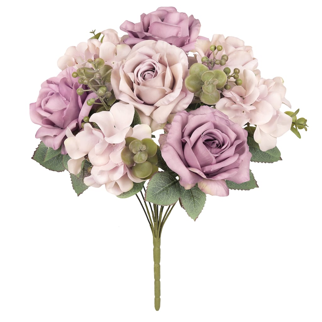 Set of 2 Dusty Lavender Artificial Mixed Rose Hydrangea Flower Stem Bush Bouquet 19in - 19" L x 12" W x 12" DP