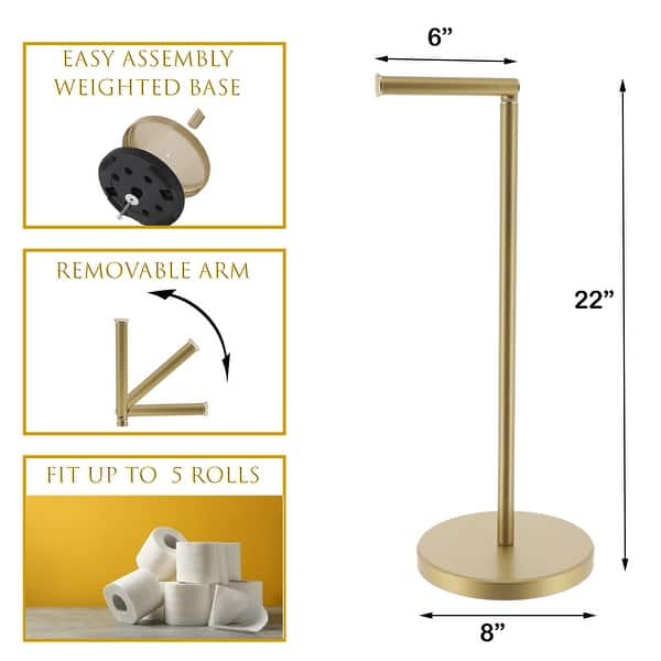 dimension image slide 3 of 4, Sleek Toilet Paper Holder with Folding Arm and Reserve Compact Freestanding Metal Holder - Diameter 8 inches X 22" H