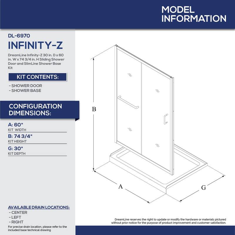DreamLine Infinity-Z 30 in. D x 60 in. W x 74 3/4 in. H Sliding Shower Door and Shower Base Kit