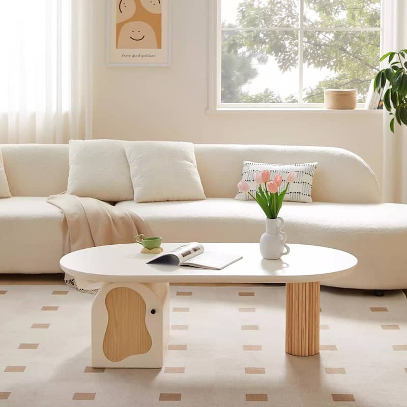 Contemporary White Oval Coffee Table with Wooden Accents