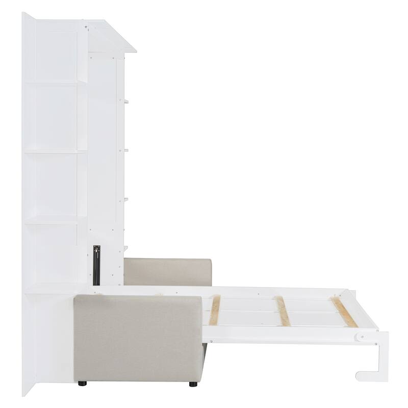 Queen Murphy Wall Bed with Built-In Sofa, Fold-Away Design, and Storage Cabinet for Space-Saving Living Spaces
