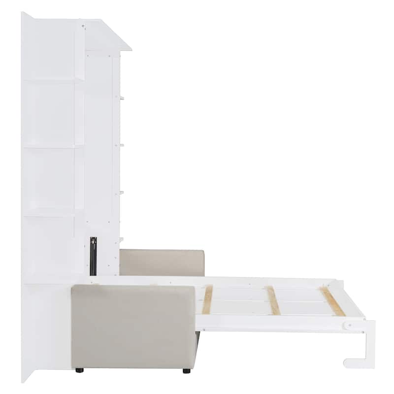 Queen Size Murphy Bed with Sofa, LED Lights & Shelves