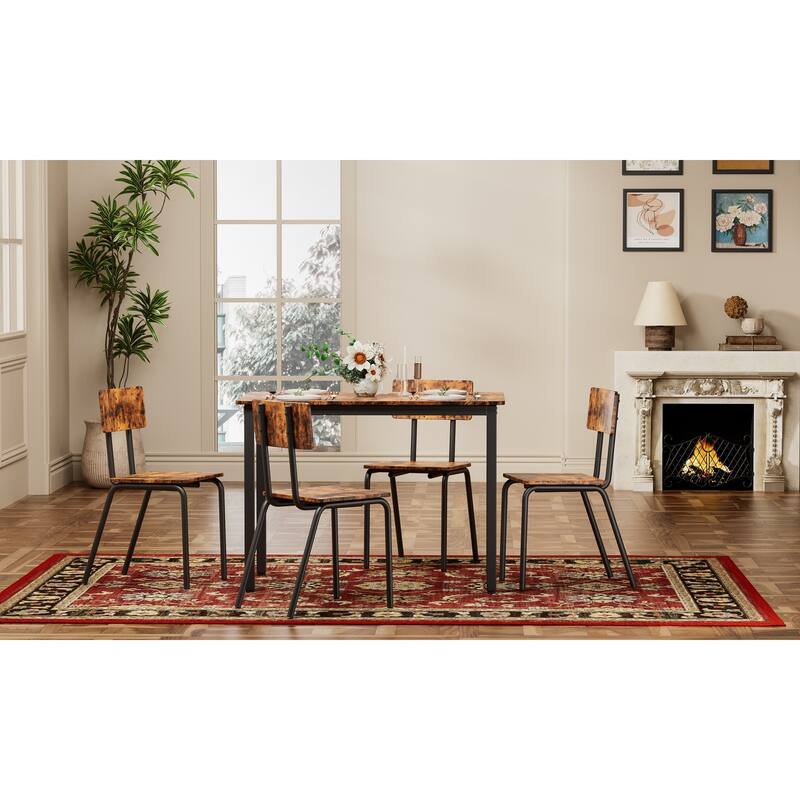 Kitchen Dining Table Set Metal Frame Breakfast Table with 4 Dining Chairs Modern Casual Dining Table Set 5-Piece Dining Set