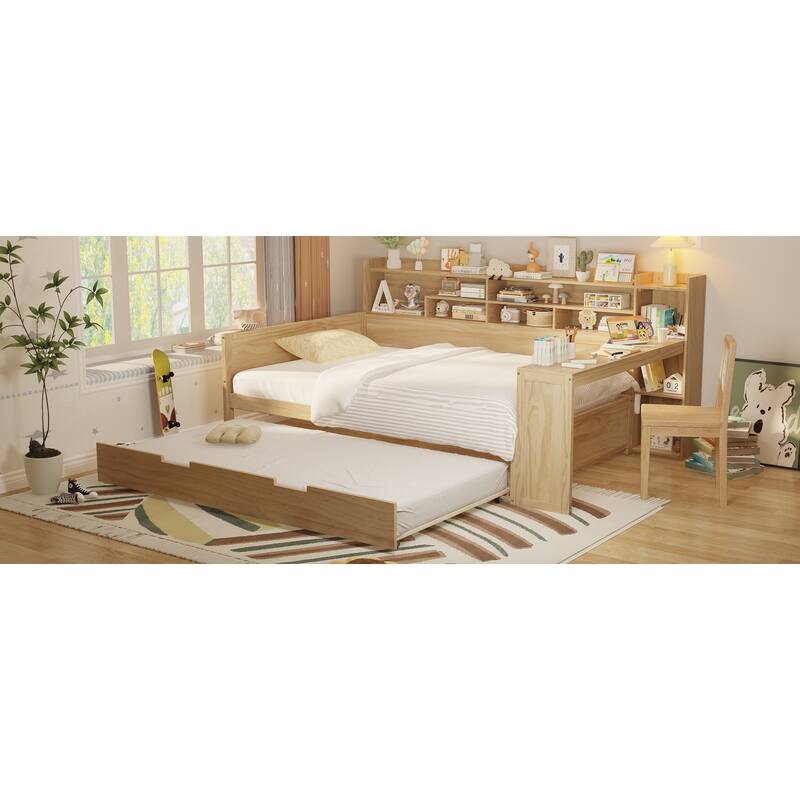 Full Size Daybed with Storage Shelves, Multi-Functional Bed with Twin Trundle and Built-In Study Desk, Space-Saving Design