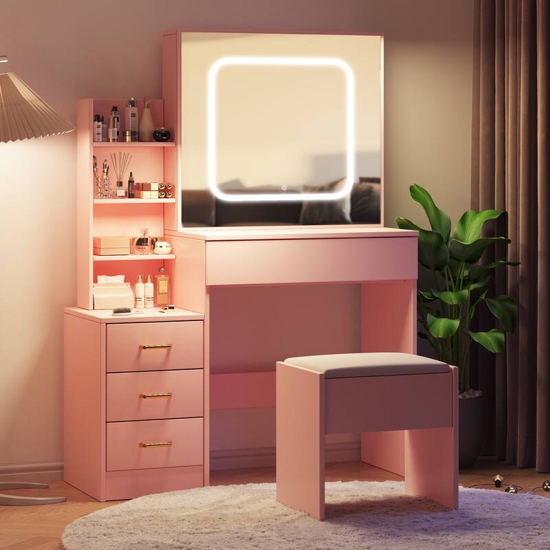 Vanity Desk with Mirror and LED Lights, Makeup Vanity Desk with Sliding Lighted Mirror & Charging Station