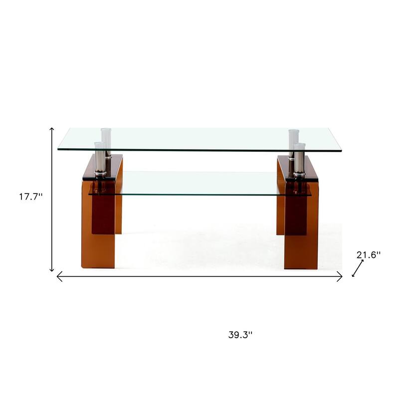 HomeRoots 39" Clear and Brown Glass Coffee Table With Shelf - 39.30 in. x 17.70 in. x 21.60 in.