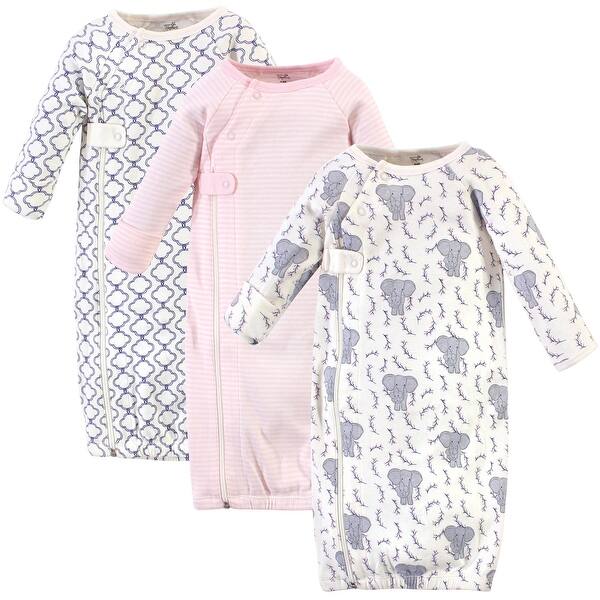 slide 1 of 1, Touched by Nature Baby Girl Organic Cotton Zipper Long-Sleeve Gowns 3pk, Girl Elephant 0-6 Months - Girl Elephant