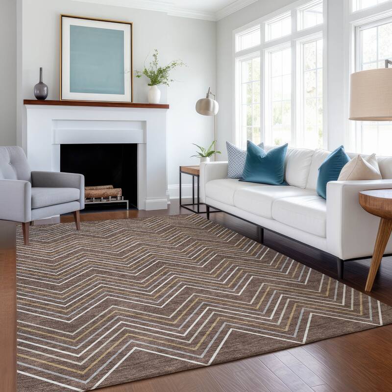Machine Washable Indoor/ Outdoor Modern Chevron Chantille Rug