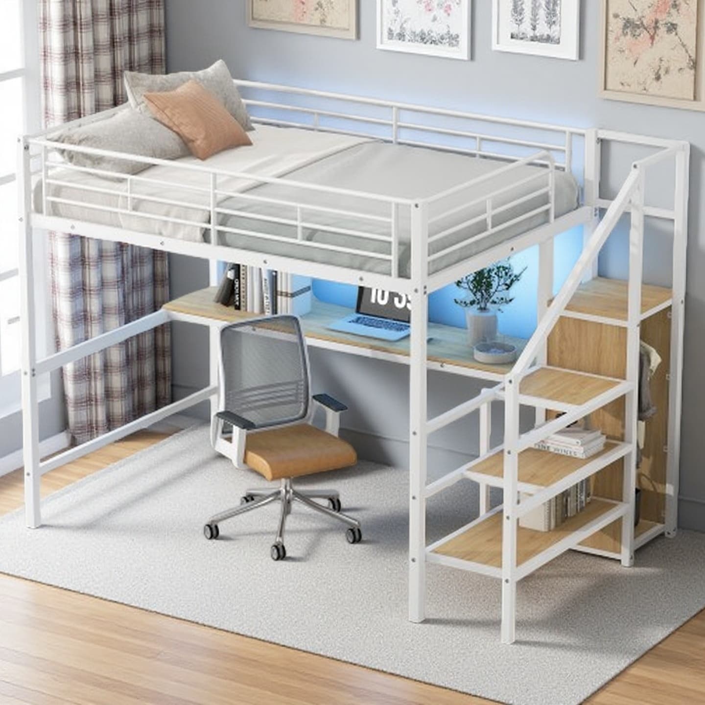 Full Loft Bed with Wardrobe Rack, LED Lights, Desk, Guardrails & Storage Steps