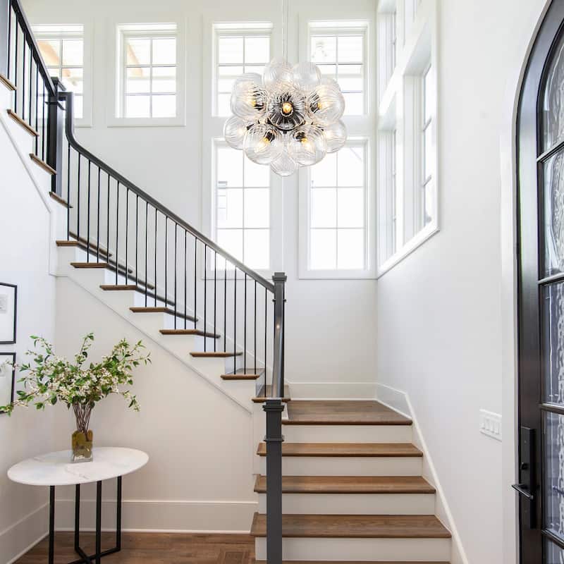 Modern 12-Lights Clear Swirled Ribbed Glass Globe Bubble Chandelier