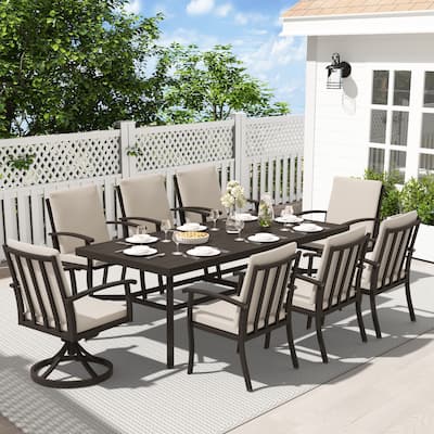 EGEIROS LIFE AluLux 9-Piece Aluminum Patio Dining Set with 2 Swivel Dining Chairs, 6 Dining Chairs and Washable Cushions